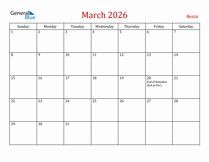 Benin March 2026 Calendar - Sunday Start