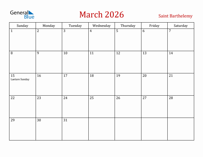Saint Barthelemy March 2026 Calendar - Sunday Start