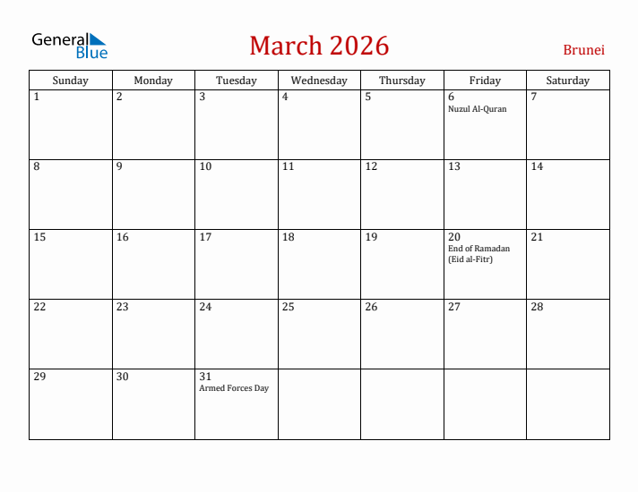 Brunei March 2026 Calendar - Sunday Start