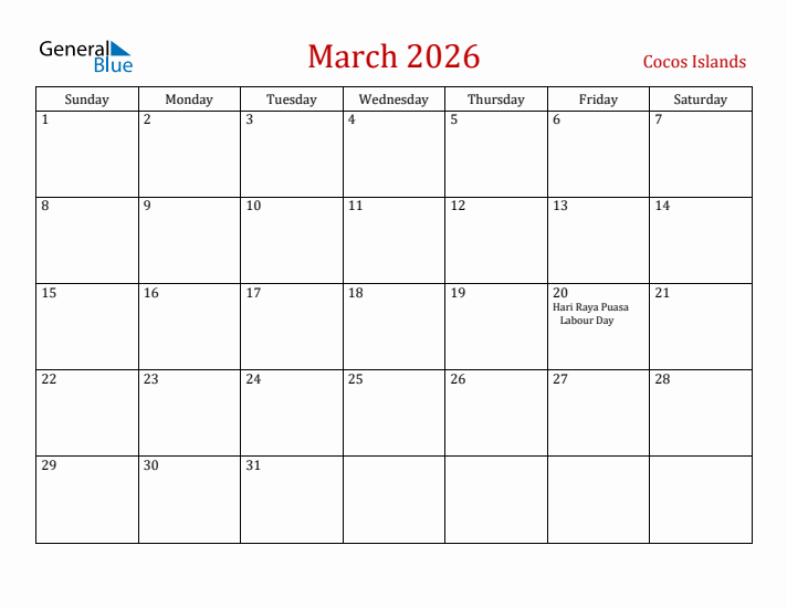 Cocos Islands March 2026 Calendar - Sunday Start