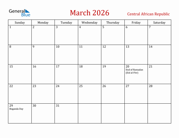 Central African Republic March 2026 Calendar - Sunday Start