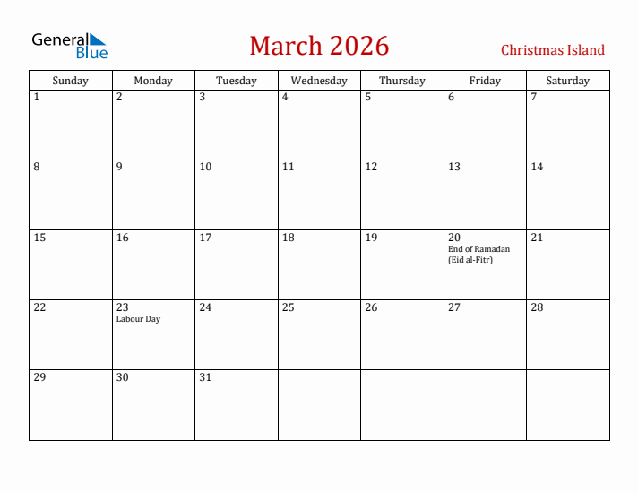 Christmas Island March 2026 Calendar - Sunday Start