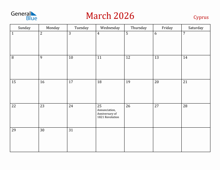 Cyprus March 2026 Calendar - Sunday Start