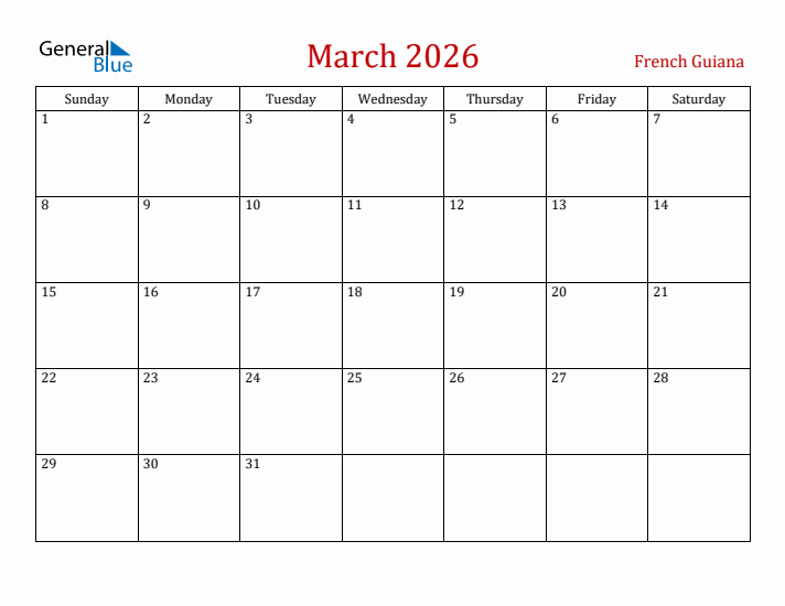 French Guiana March 2026 Calendar - Sunday Start
