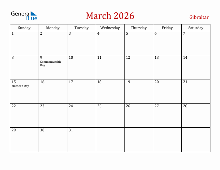 Gibraltar March 2026 Calendar - Sunday Start