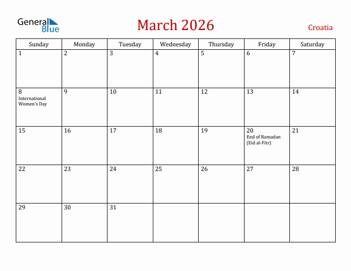 Croatia March 2026 Calendar - Sunday Start
