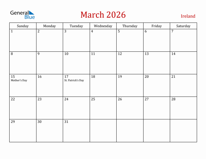 Ireland March 2026 Calendar - Sunday Start