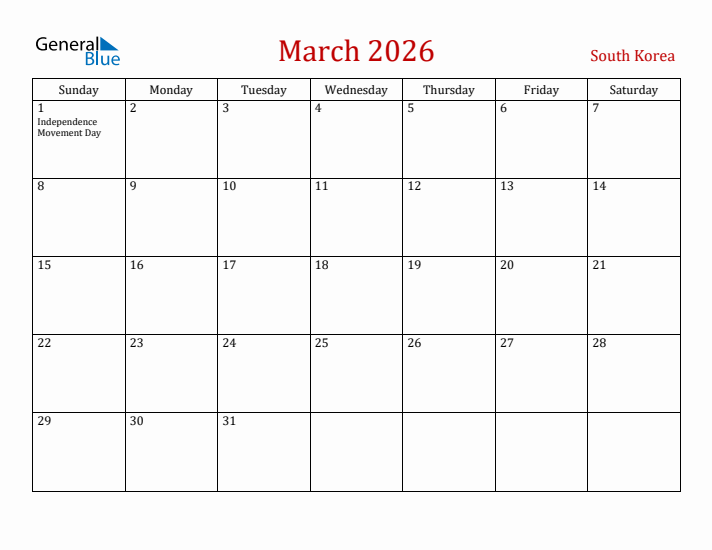 South Korea March 2026 Calendar - Sunday Start