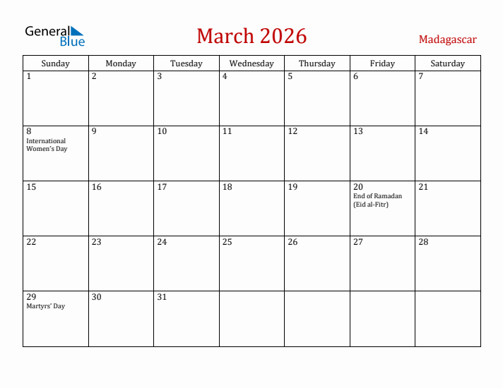 Madagascar March 2026 Calendar - Sunday Start