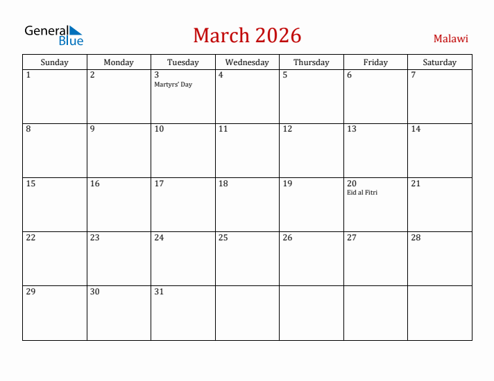 Malawi March 2026 Calendar - Sunday Start