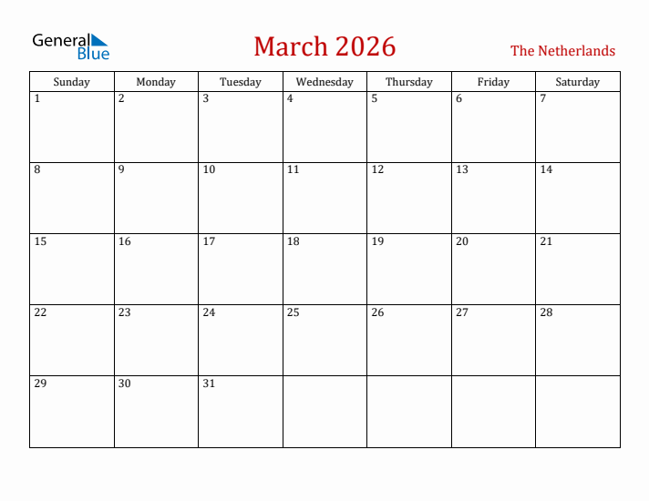 The Netherlands March 2026 Calendar - Sunday Start