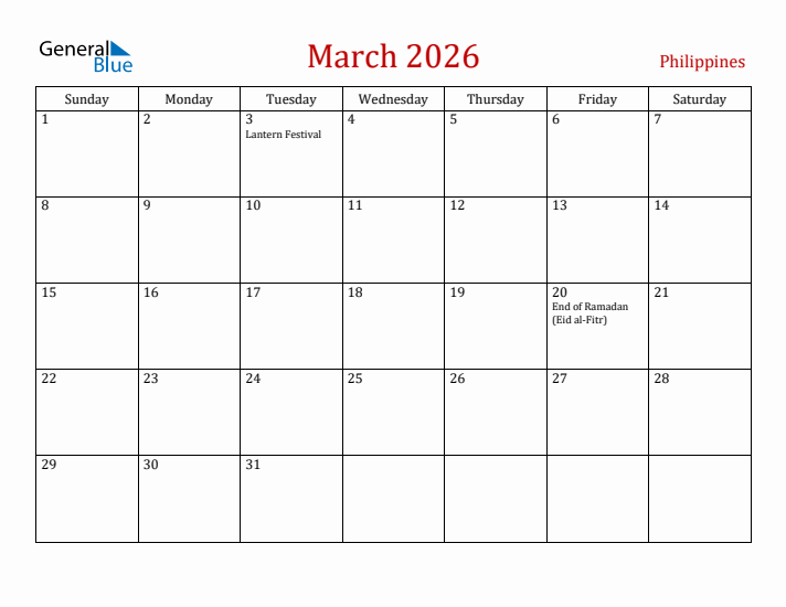 Philippines March 2026 Calendar - Sunday Start