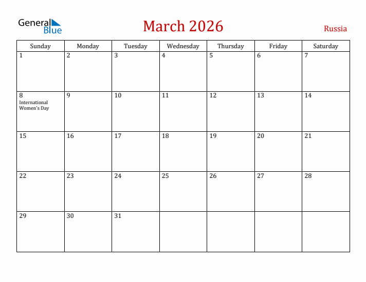 Russia March 2026 Calendar - Sunday Start