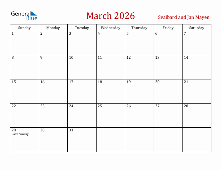 Svalbard and Jan Mayen March 2026 Calendar - Sunday Start