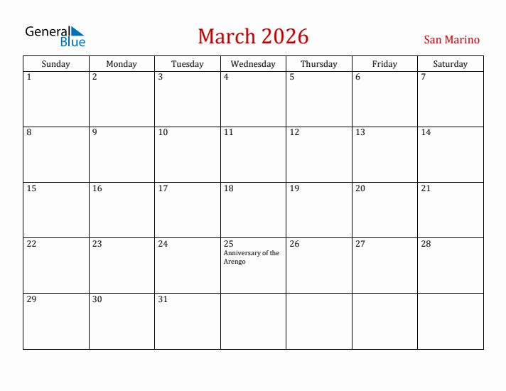 San Marino March 2026 Calendar - Sunday Start