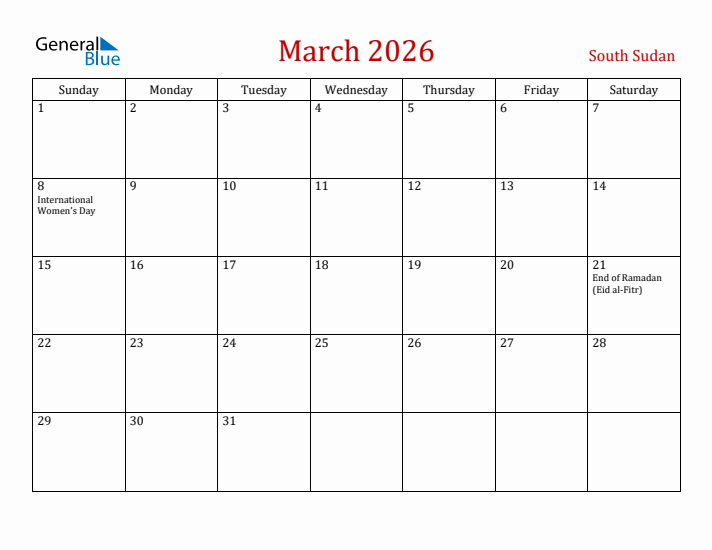 South Sudan March 2026 Calendar - Sunday Start