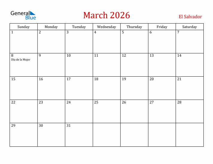 El Salvador March 2026 Calendar - Sunday Start