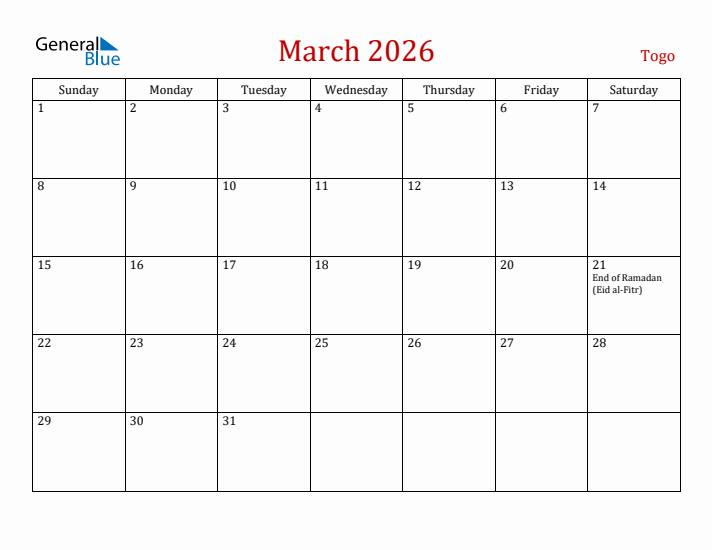 Togo March 2026 Calendar - Sunday Start