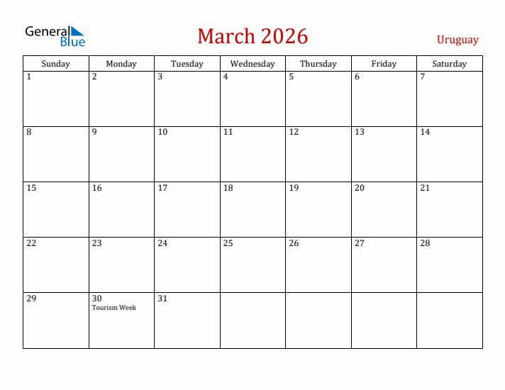 Uruguay March 2026 Calendar - Sunday Start
