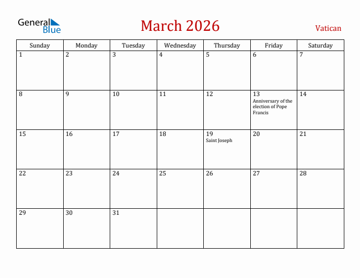 Vatican March 2026 Calendar - Sunday Start