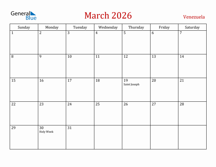 Venezuela March 2026 Calendar - Sunday Start