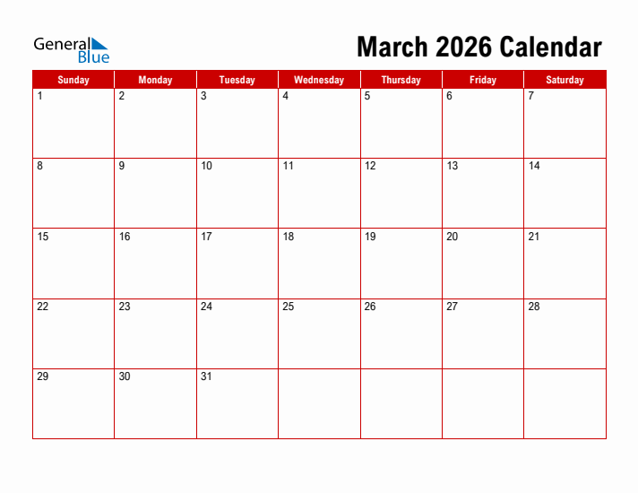 Simple Monthly Calendar - March 2026