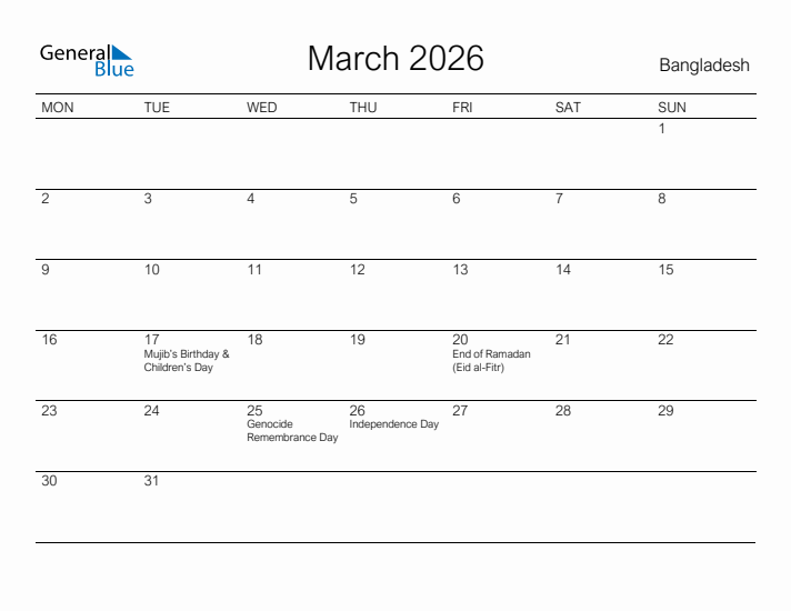 Printable March 2026 Calendar for Bangladesh
