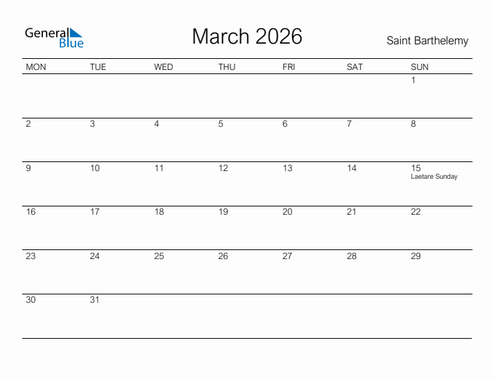 Printable March 2026 Calendar for Saint Barthelemy