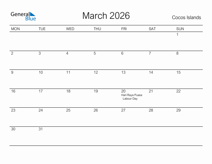 Printable March 2026 Calendar for Cocos Islands