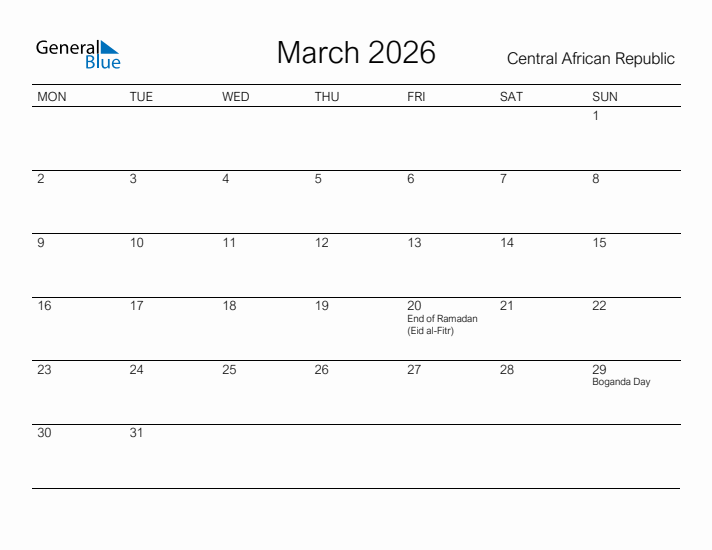 Printable March 2026 Calendar for Central African Republic