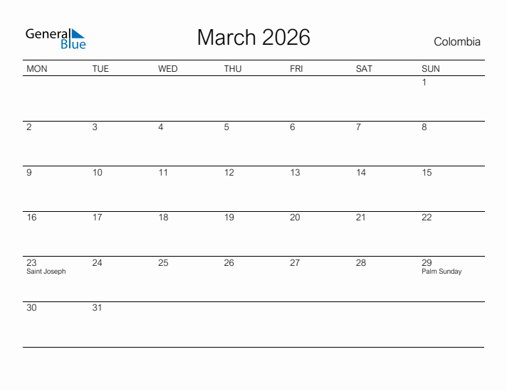 Printable March 2026 Calendar for Colombia
