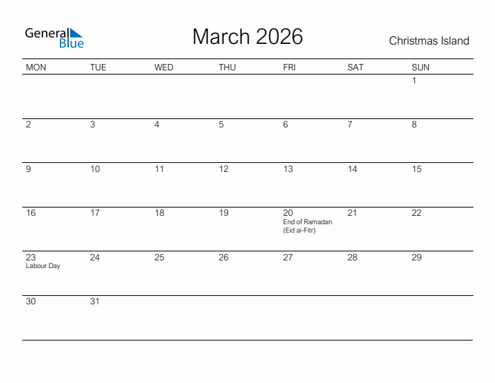 Printable March 2026 Calendar for Christmas Island