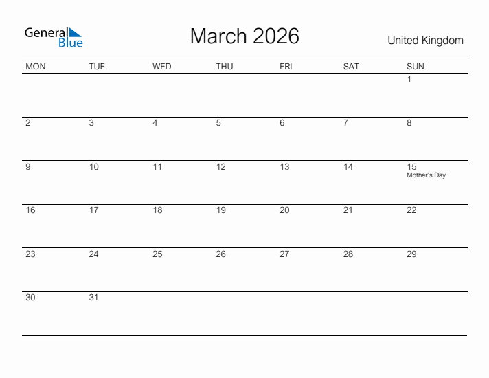 Printable March 2026 Calendar for United Kingdom