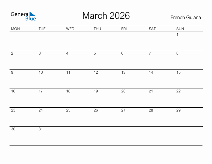 Printable March 2026 Calendar for French Guiana