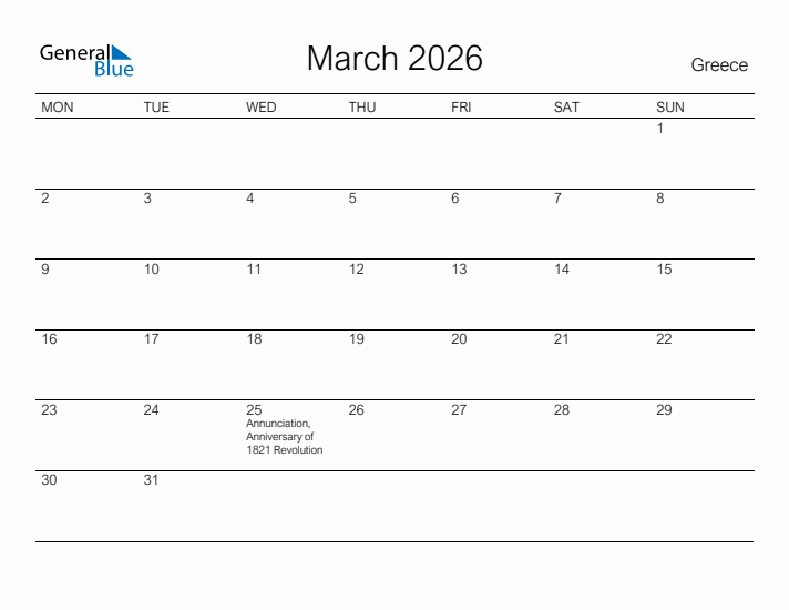 Printable March 2026 Calendar for Greece