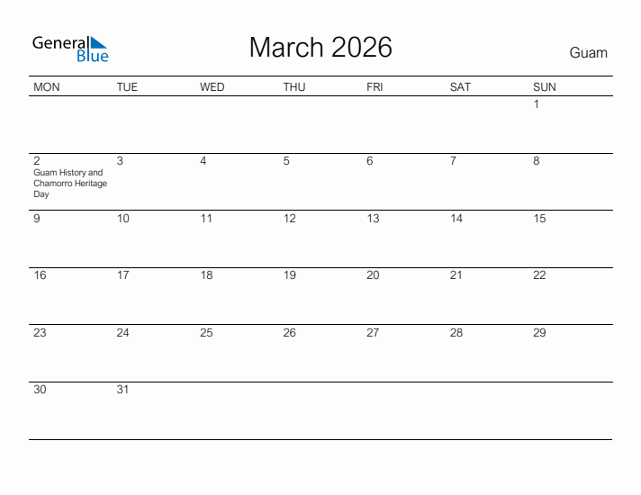 Printable March 2026 Calendar for Guam