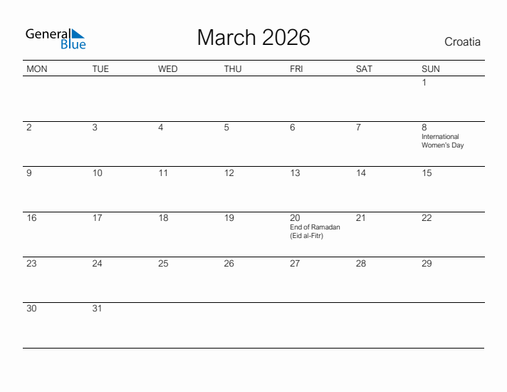 Printable March 2026 Calendar for Croatia