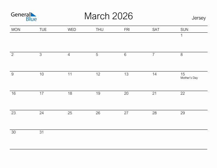 Printable March 2026 Calendar for Jersey
