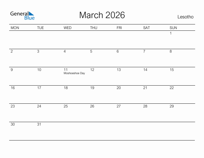 Printable March 2026 Calendar for Lesotho