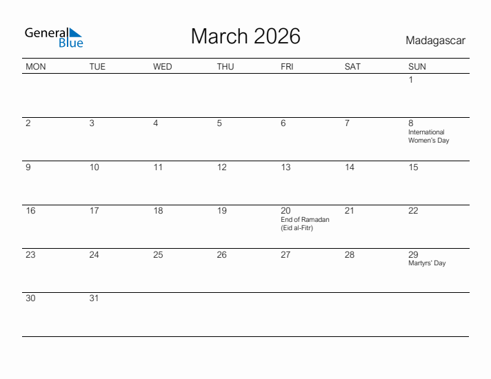 Printable March 2026 Calendar for Madagascar