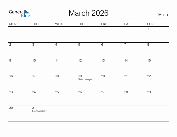 Printable March 2026 Calendar for Malta