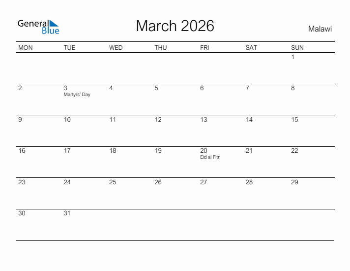 Printable March 2026 Calendar for Malawi