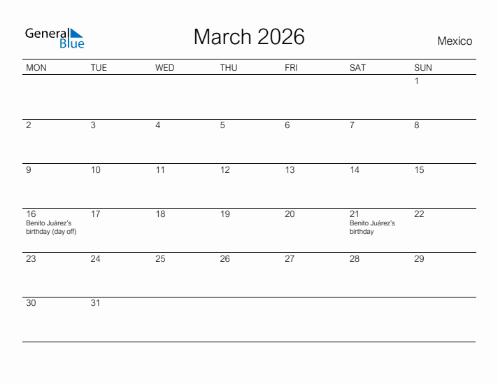 Printable March 2026 Calendar for Mexico