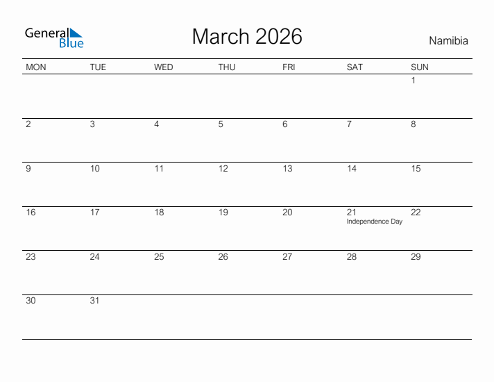 Printable March 2026 Calendar for Namibia