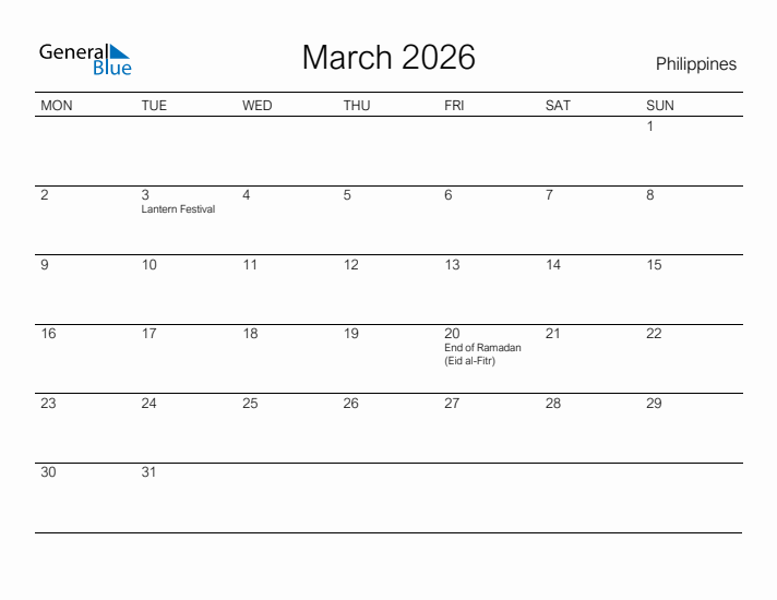 Printable March 2026 Calendar for Philippines