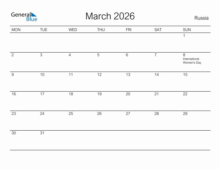 Printable March 2026 Calendar for Russia
