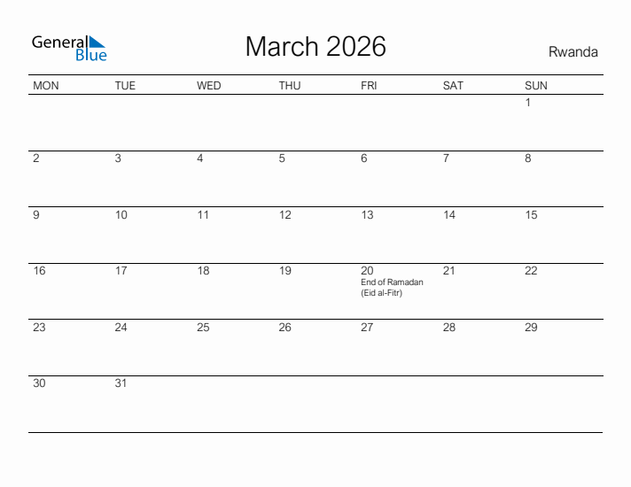 Printable March 2026 Calendar for Rwanda