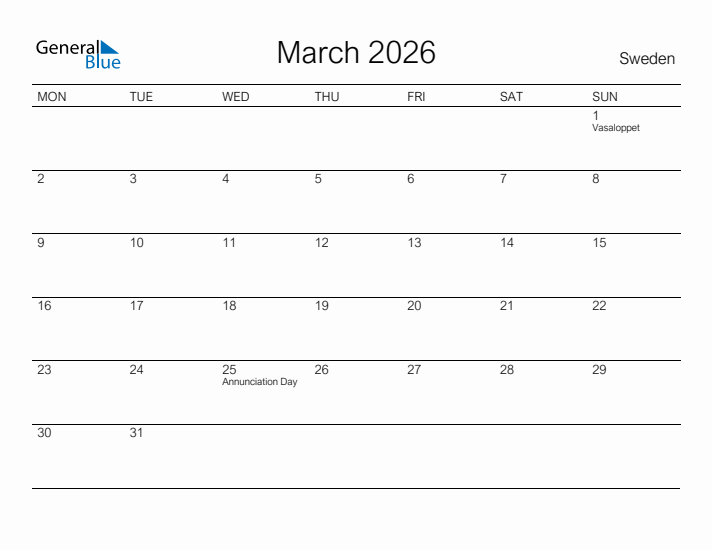 Printable March 2026 Calendar for Sweden