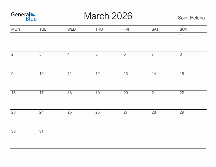 Printable March 2026 Calendar for Saint Helena