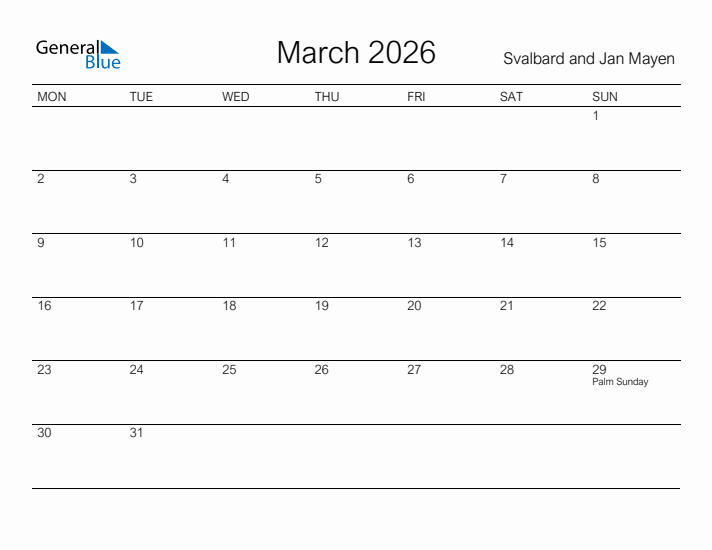 Printable March 2026 Calendar for Svalbard and Jan Mayen